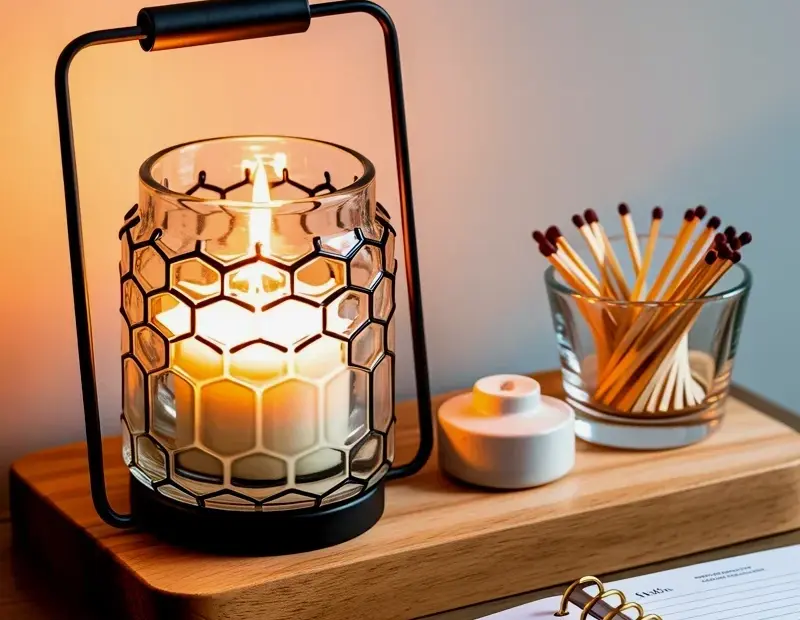 Budget-friendly desk decor: honeycomb candle warmer and planner setup