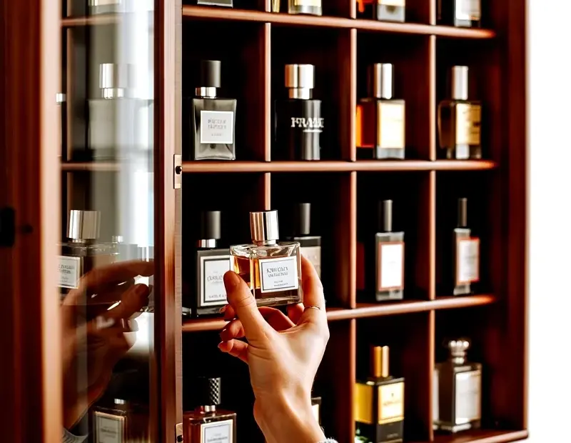 Wooden Perfume Display Cabinet with Glass Doors - Cozy Home Fragrance Storage
