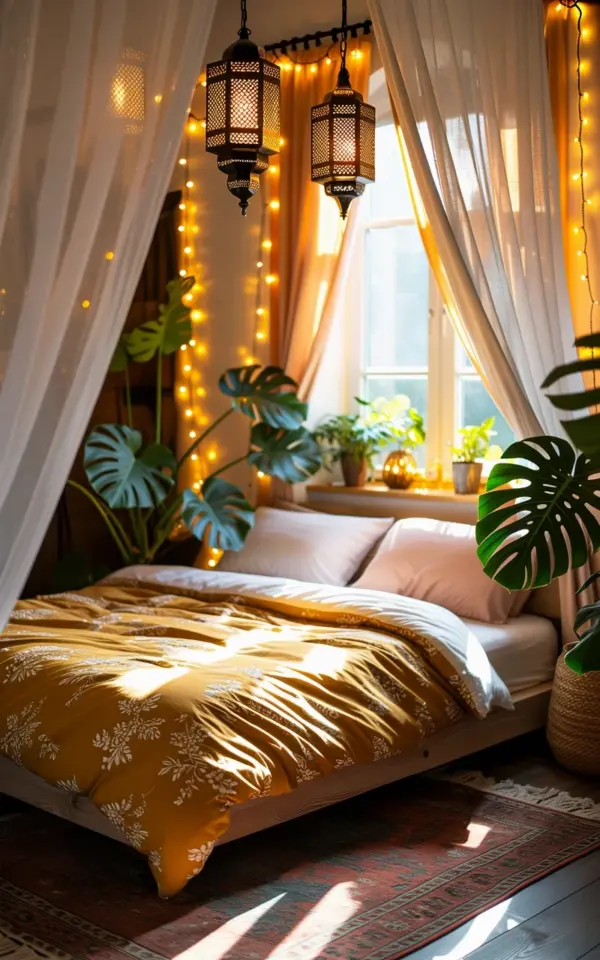 Bohemian Zen Bedroom Decor | Cozy Minimalist Room with Moroccan Lanterns and Mustard Yellow Bedding