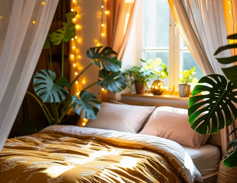 Bohemian Zen Bedroom Decor | Cozy Minimalist Room with Moroccan Lanterns and Mustard Yellow Bedding