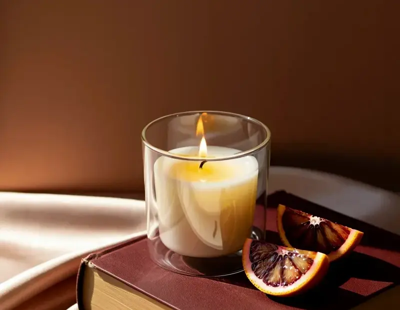 Blood Orange Essential Oil Candle on a Vintage Book – Moody Still Life for Your Aromatic Home