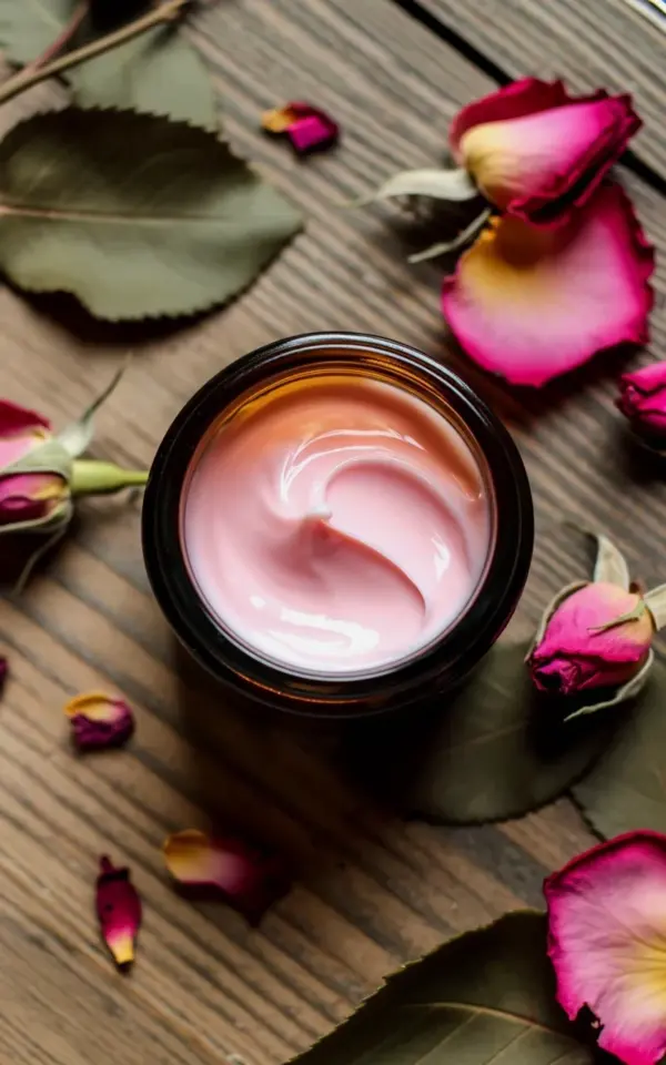 Rose Body Cream DIY with Essential Oils in a Dark Glass Jar