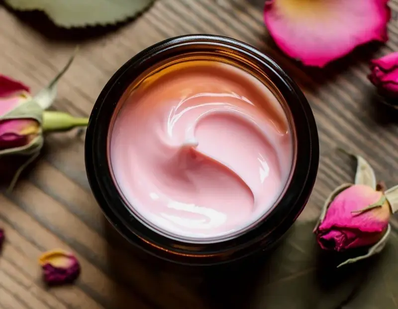 Rose Body Cream DIY with Essential Oils in a Dark Glass Jar