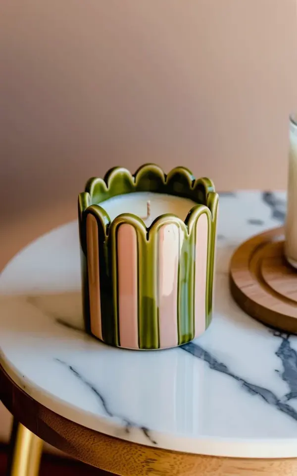 Scalloped Ceramic Candle Holder in Sage & Blush Pink on Marble