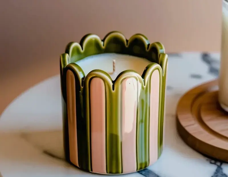Scalloped Ceramic Candle Holder in Sage & Blush Pink on Marble