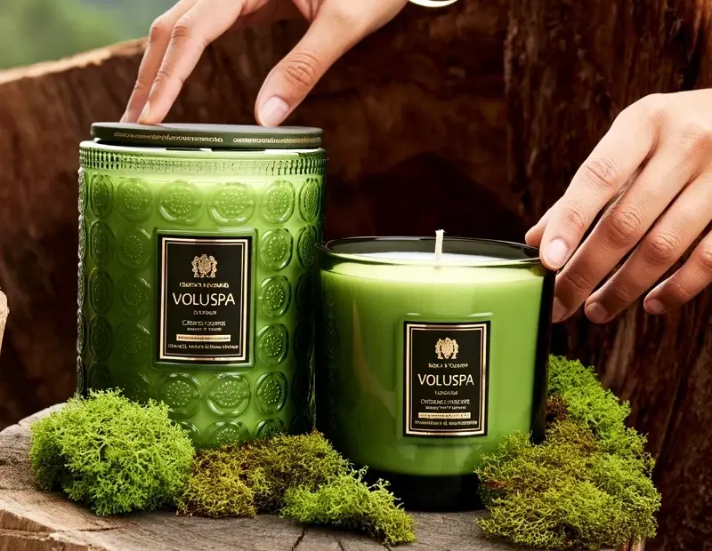 How to Style Voluspa Candles on a Wood Stump with Moss | Natural Centerpiece Idea