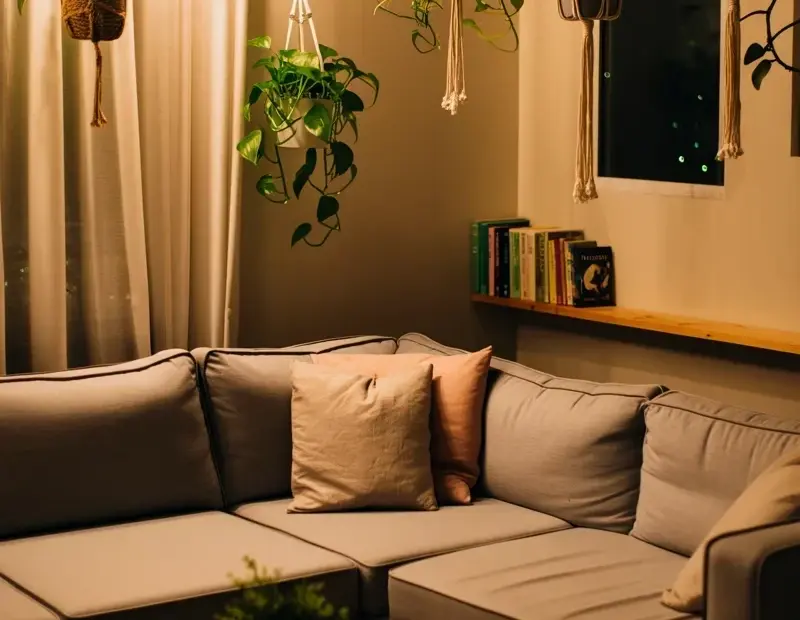 Cozy Living Room with Hanging Plants + Macrame Planters and Candle Glow