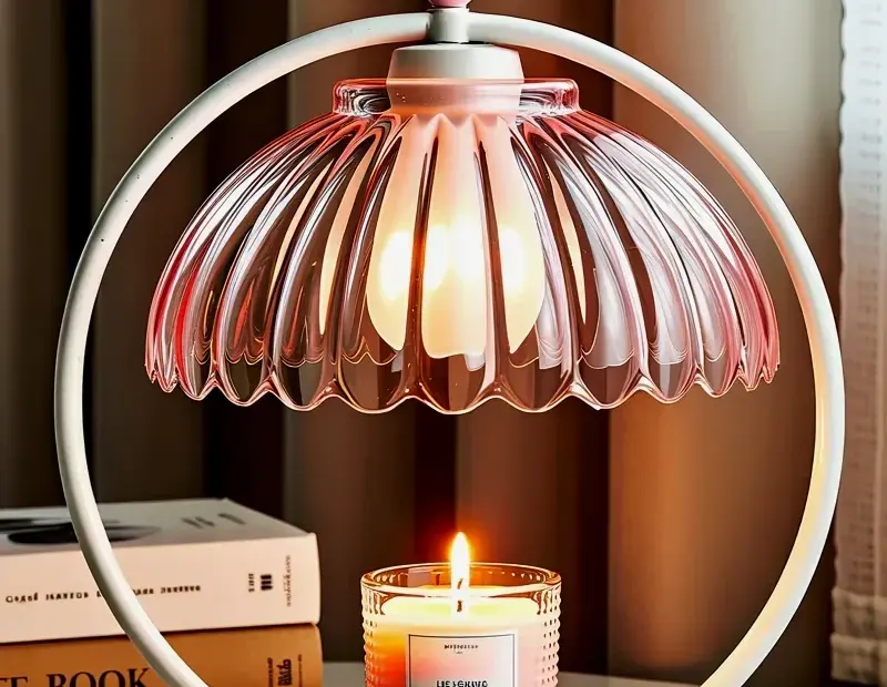 Pink Glass Dome Candle Lamp with Scalloped Shade | Cozy Aromatic Home Decor